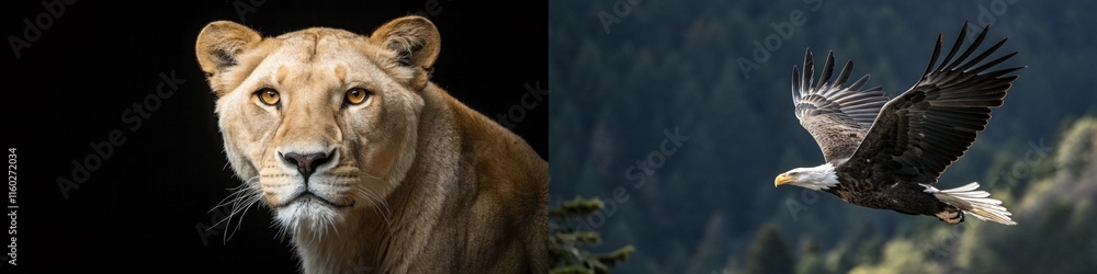 Fototapeta premium A lioness and a soaring eagle, symbolizing strength and freedom in wildlife.