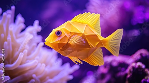 Geometric Yellow Fish in Purple Underwater Environment photo