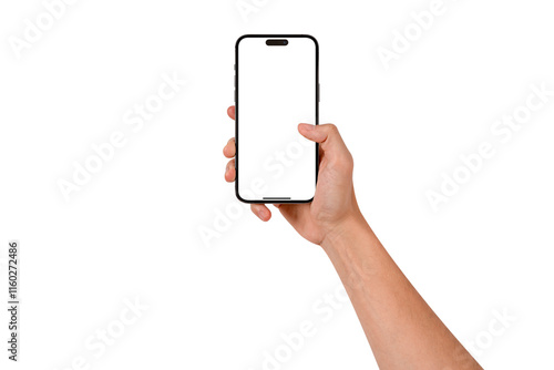 Hand showing smartphone with blank screen isolated.