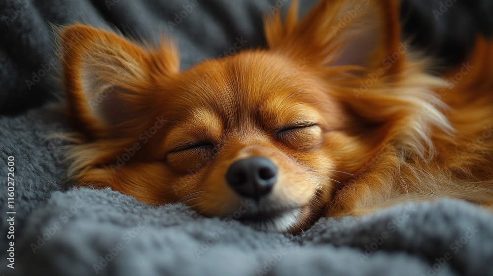 A sleeping dog with closed eyes, resting peacefully on a soft blanket. A sleeping dog with closed eyes, resting peacefully on a soft blanket.