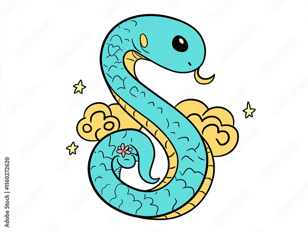 Snake illustration suitable for New Year's card in 2025, blue snake, Chinese zodiac, 12 zodiac, Year of the snake, New Year's card, Season's card, blue snake, Korea, Japan