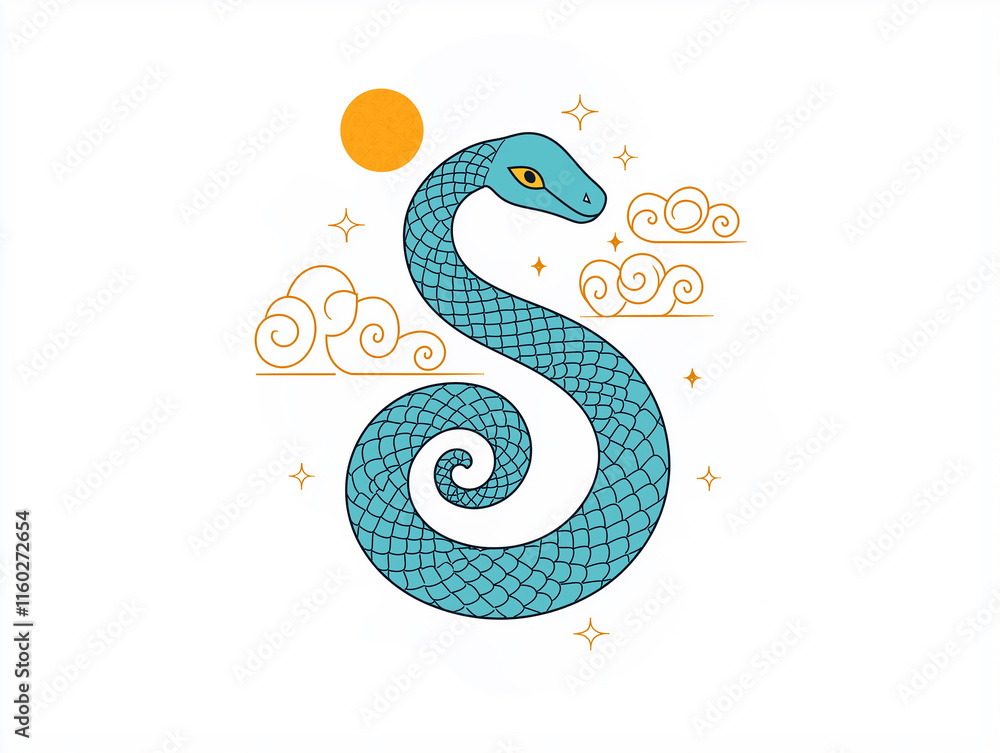 Fototapeta premium Snake illustration suitable for New Year's card in 2025, blue snake, Chinese zodiac, 12 zodiac, Year of the snake, New Year's card, Season's card, blue snake, Korea, Japan