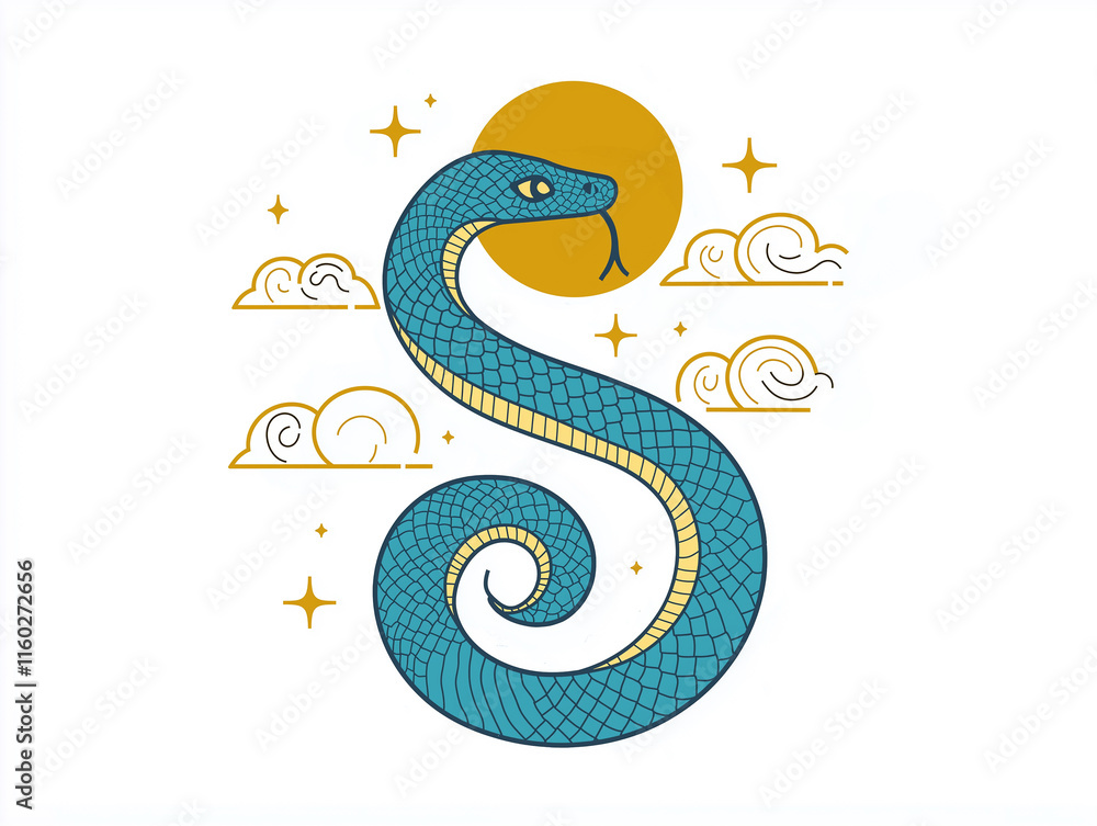 Naklejka premium Snake illustration suitable for New Year's card in 2025, blue snake, Chinese zodiac, 12 zodiac, Year of the snake, New Year's card, Season's card, blue snake, Korea, Japan