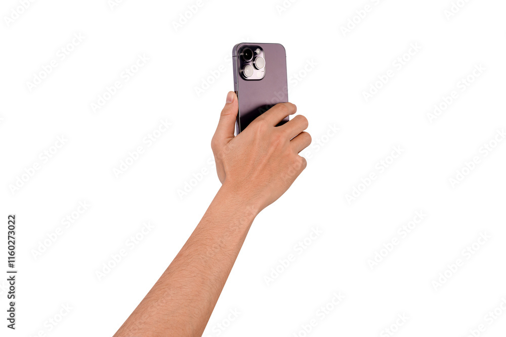 Rear view hand holding smartphone isolated. Business, Finance and Technology concept. Premium high quality image.