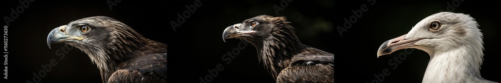 A captivating display of three birds of prey, showcasing their fierce profiles against a dark backdrop. A captivating display of three birds of prey, showcasing their fierce profiles against a dark backdrop.