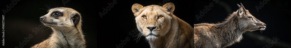 A striking trio of a meerkat, lioness, and goat, capturing their unique characteristics and expressions. A striking trio of a meerkat, lioness, and goat, capturing their unique characteristics and expressions.