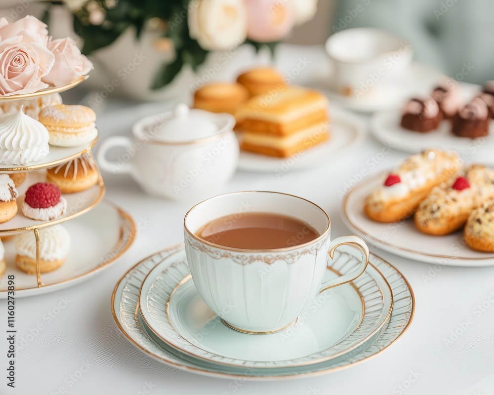 Afternoon tea setup with Mocha Mousse tablecloth, elegant china, and pastries Afternoon tea setup with Mocha Mousse tablecloth, elegant china, and pastries