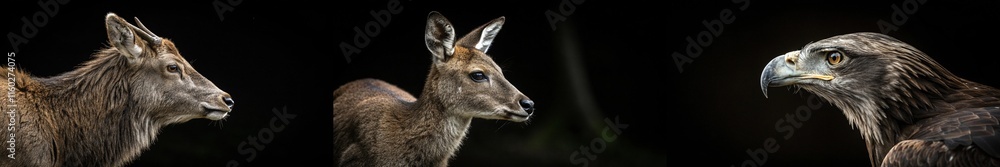 Engaging wildlife collage featuring a deer, fawn, and eagle, emphasizing their natural beauty. Engaging wildlife collage featuring a deer, fawn, and eagle, emphasizing their natural beauty.