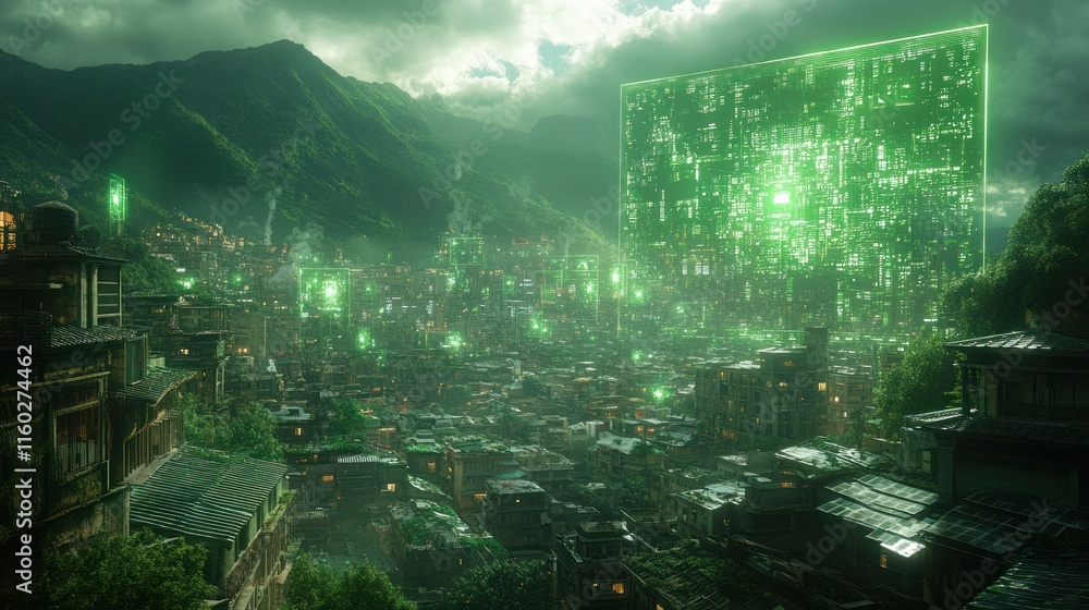 Green digital screen over mystical village. Green digital screen over mystical village.
