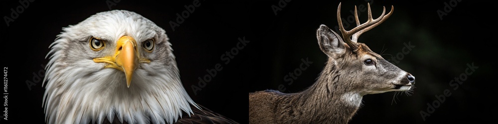 A dramatic portrait of a bald eagle and a deer, showcasing their powerful presence and beauty. A dramatic portrait of a bald eagle and a deer, showcasing their powerful presence and beauty.