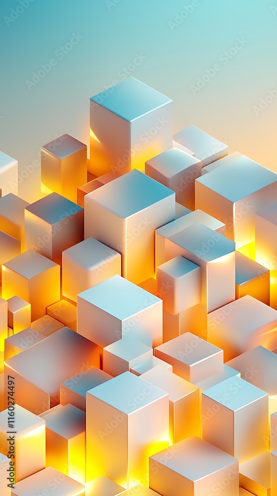 Obraz premium Energy Monitoring Double Exposure, Stunning Double Exposure Design Featuring Glowing Geometric Layers of Cubes with a Beautiful Gradient Background Transitioning from Blue to Orange