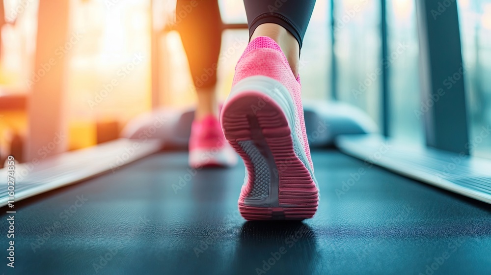 Woman's feet in pink sneakers walking on a treadmill in a gym. Woman's feet in pink sneakers walking on a treadmill in a gym.