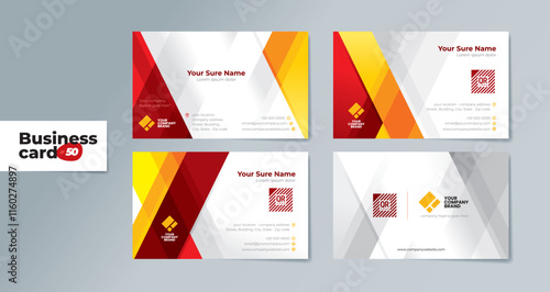 Set of double sided business card templates with abstract random red and yellow transparent rectangle on white background