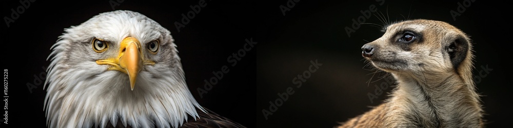 Fototapeta premium A striking close-up of a bald eagle and a curious meerkat, showcasing wildlife diversity.