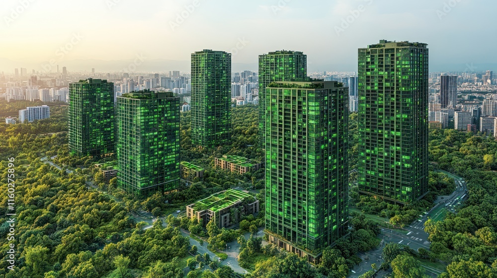 Fototapeta premium Green eco-friendly skyscrapers in a city.