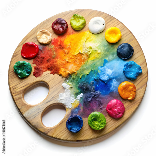 A colorful painting palette with vibrant paint spots, set against a white background,
