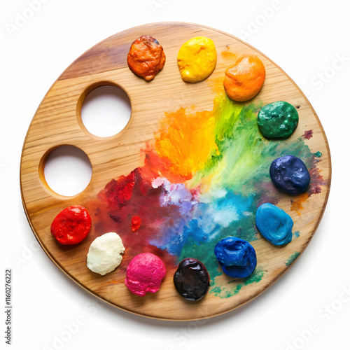 A colorful painting palette with vibrant paint spots, set against a white background,