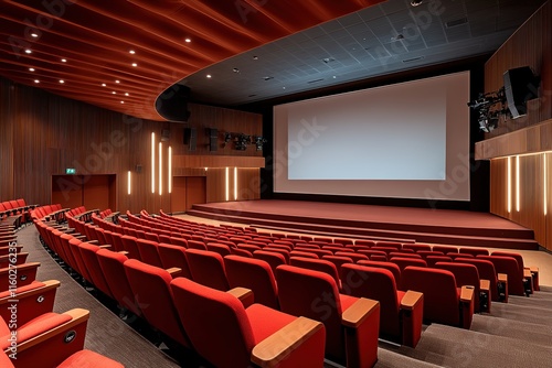 Modern cinema interior features plush red seats and spacious scr photo