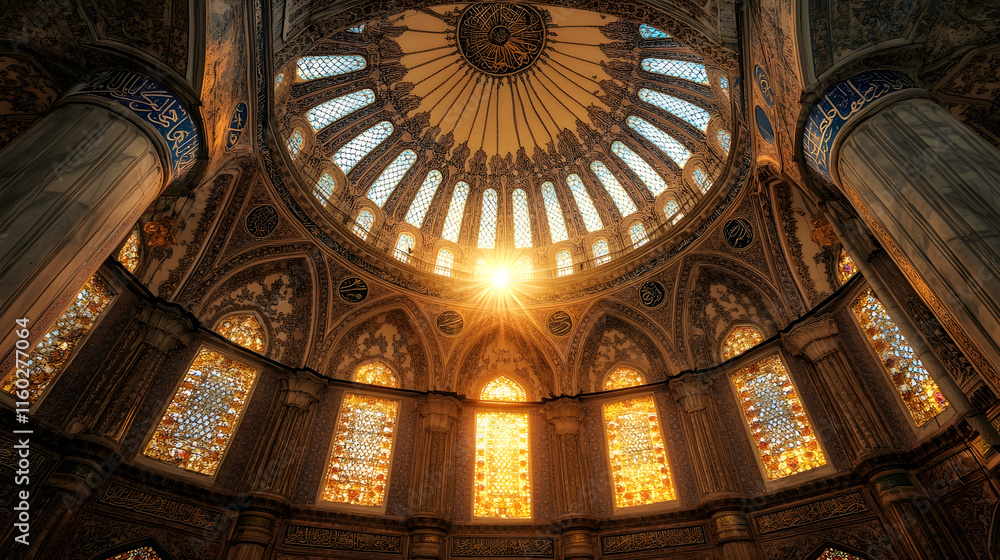 Obraz premium Majestic Interior of Ornate Dome with Intricate Patterns and Warm Sunlight : Generative AI