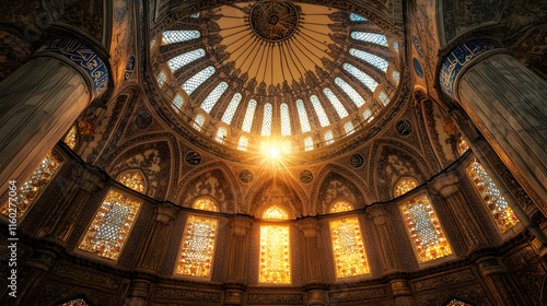 Majestic Interior of Ornate Dome with Intricate Patterns and Warm Sunlight : Generative AI photo