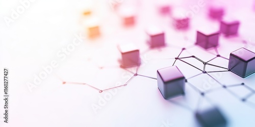 A vibrant, abstract image featuring interconnected cubes and nodes, symbolizing technology, data, and digital networks.