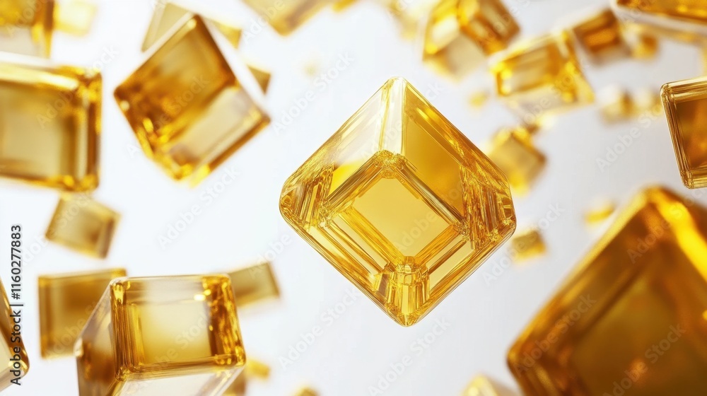 A vibrant collection of floating golden cubes, showcasing a glossy texture against a light background, evoking a sense of luxury and elegance. A vibrant collection of floating golden cubes, showcasing a glossy texture against a light background, evoking a sense of luxury and elegance.