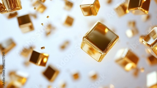 A dynamic scene showcasing floating golden cubes against a soft background, evoking a sense of luxury and abundance. © mangolovemom