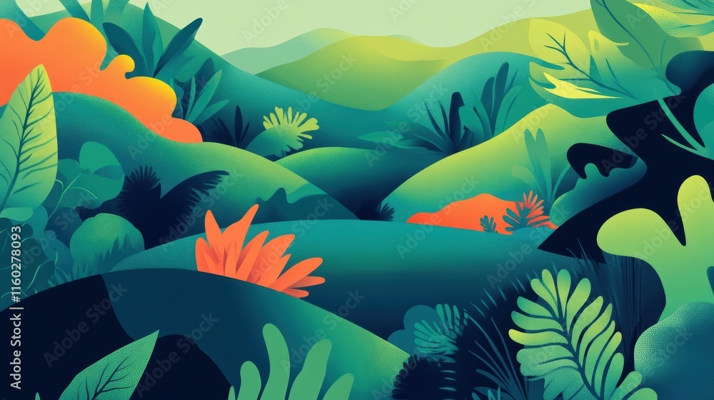 Fototapeta Lush Green Hills and Tropical Foliage in Abstract Design