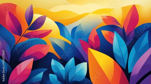 Wallpaper Mural Abstract Artwork Featuring Vibrant Blue, Red, and Yellow Leaves Torontodigital.ca