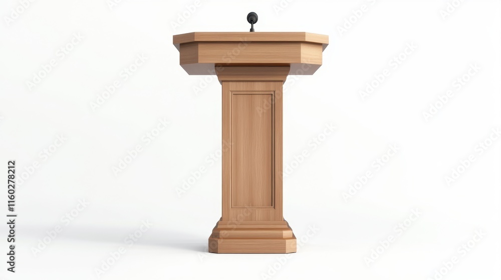A simple wooden podium with a microphone, suitable for presentations, speeches, or events. A simple wooden podium with a microphone, suitable for presentations, speeches, or events.