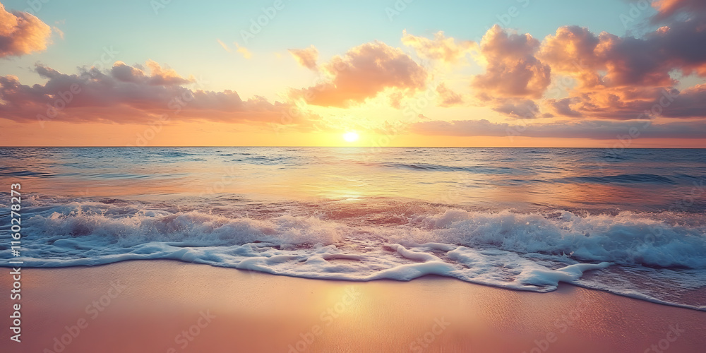 Serene Beach Sunrise Reflecting Vibrant Colors on Golden Sand with Gentle Waves : Generative AI Serene Beach Sunrise Reflecting Vibrant Colors on Golden Sand with Gentle Waves : Generative AI