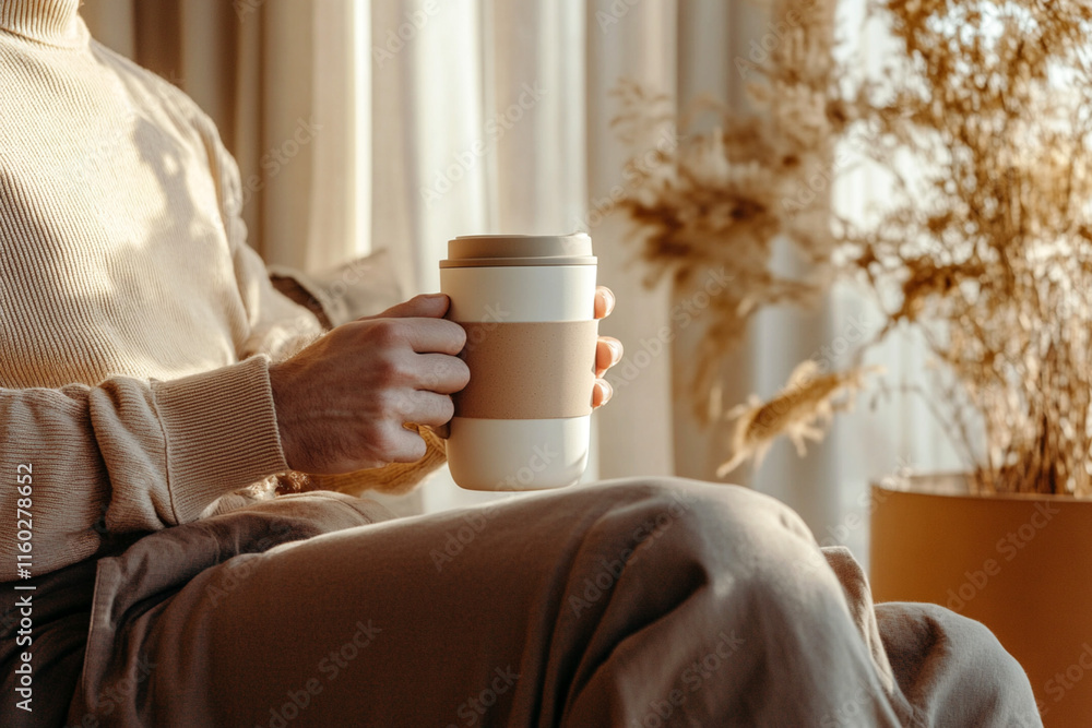 Person holding a reusable coffee cup while relaxing in a cozy setting with warm neutral tones and soft natural light streaming through the curtains Person holding a reusable coffee cup while relaxing in a cozy setting with warm neutral tones and soft natural light streaming through the curtains