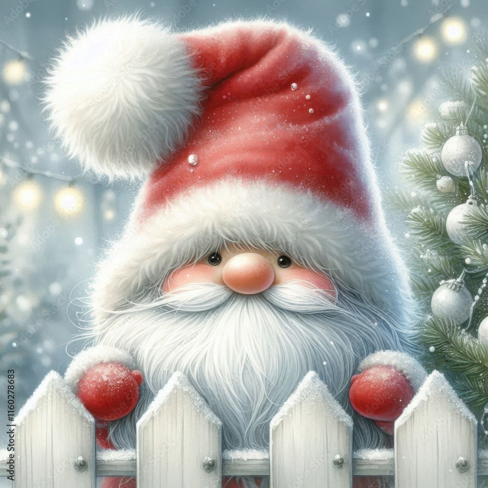 Cute Christmas gnome with red Santa hat and pompom peeking white fence on winter forest background Cute Christmas gnome with red Santa hat and pompom peeking white fence on winter forest background