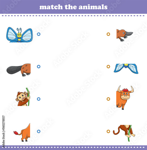 Match halves of cute cartoon wildlife animals. Logical game for kids