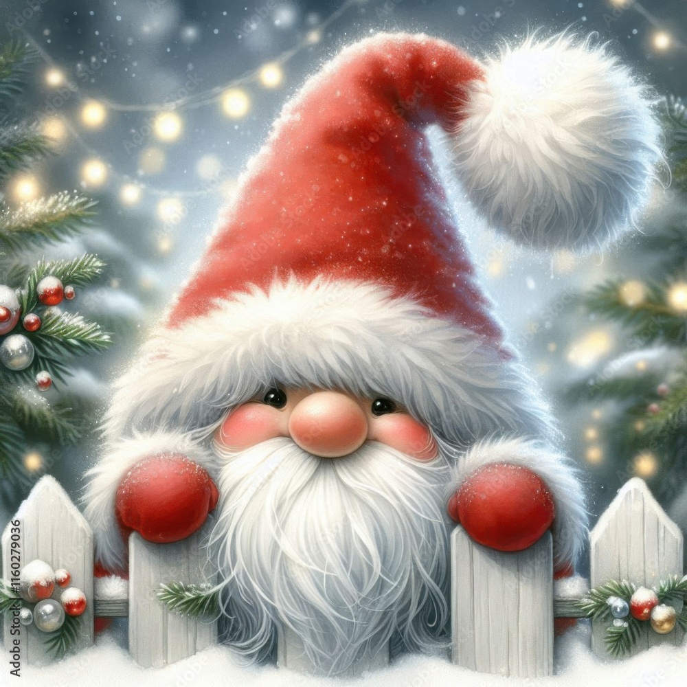 Cute Christmas gnome with red Santa hat and pompom peeking white fence on winter forest background Cute Christmas gnome with red Santa hat and pompom peeking white fence on winter forest background