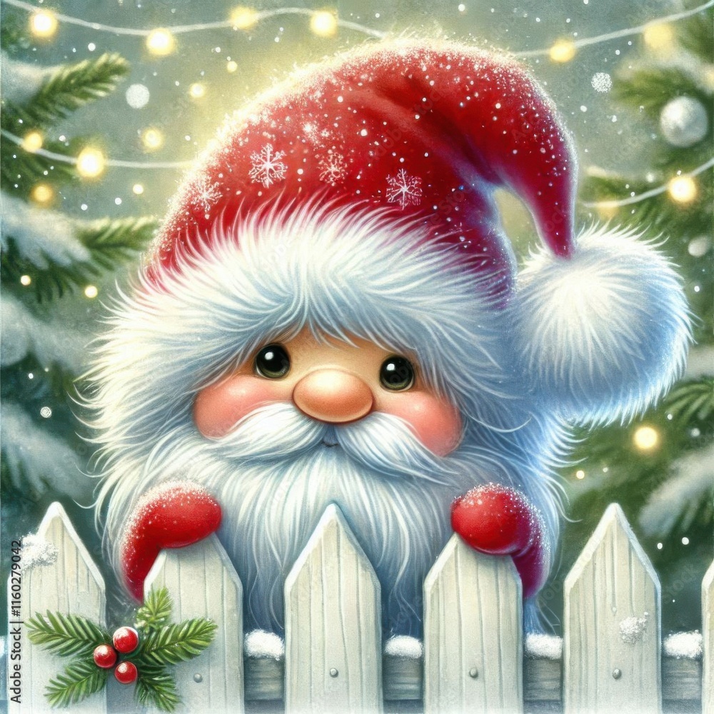 Cute Christmas gnome with red Santa hat and pompom peeking white fence on winter forest background Cute Christmas gnome with red Santa hat and pompom peeking white fence on winter forest background