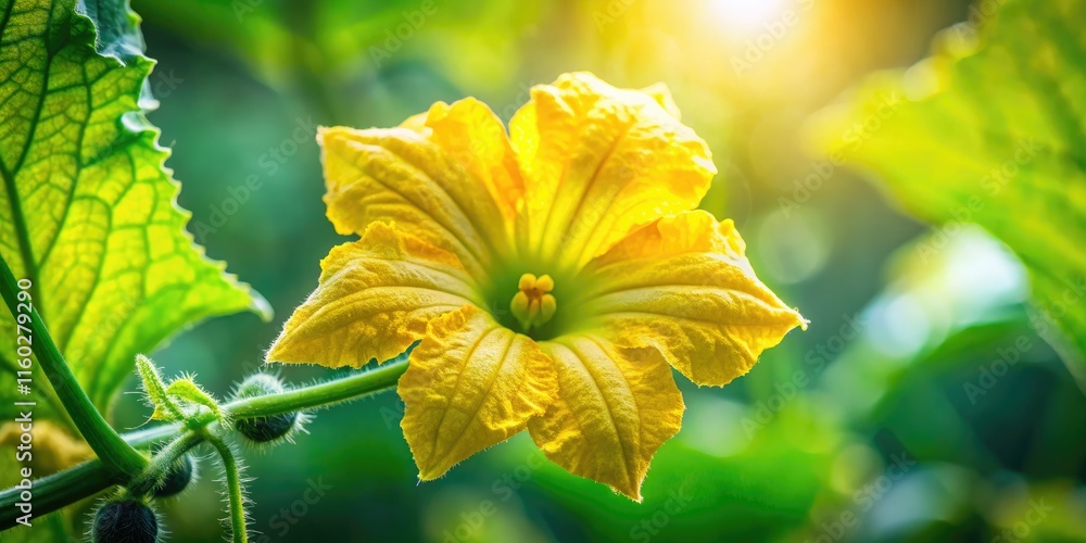 Close-up bokeh reveals a yellow luffa blossom and its green fruit, shallow depth of field.
