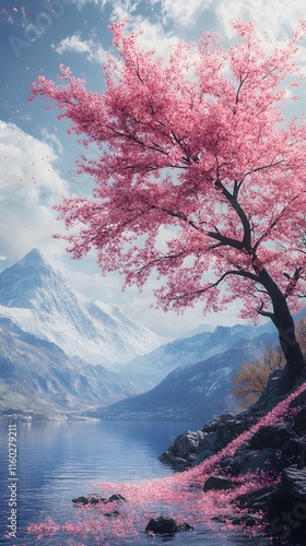 A magnificent and beautiful cherry blossom tree standing alone, with beautiful mountain and lake views