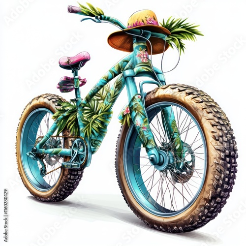 A perky mountain bike with a sun hat and a nature-themed paint job. vector style art 3d illustration Isolated on White Background photo