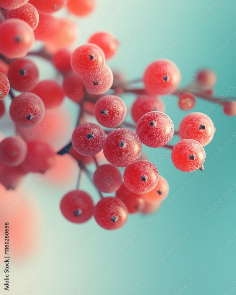 Vibrant close-up of pink berries against a soft blue background. Vibrant close-up of pink berries against a soft blue background.