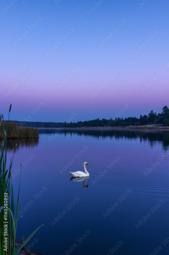 Fototapeta premium Serene Evening Reflection: A Single Swan Gliding on a Tranquil Lake Under a Twilight Sky