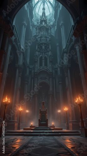 Majestic Gothic fantasy castle hall with throne and torches photo