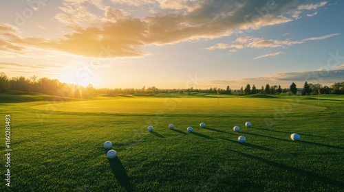 An expansive golf driving range at golden hour, Golf balls scattered across a lush driving range, Golden hour elegance style