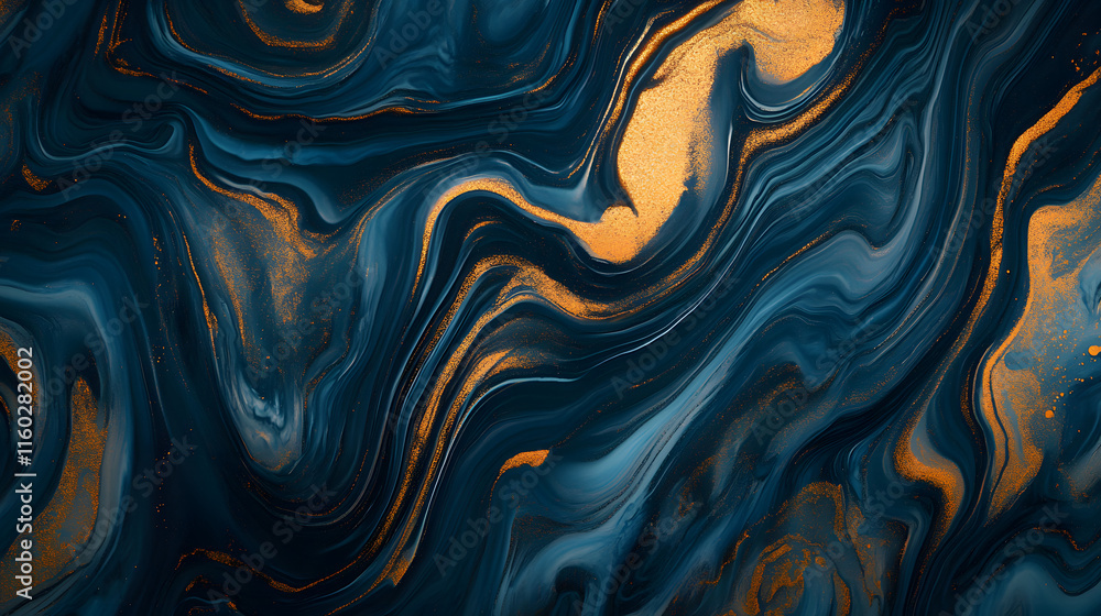 Fototapeta premium Abstract blue and gold marble background with fluid shapes, created using alcohol ink.
