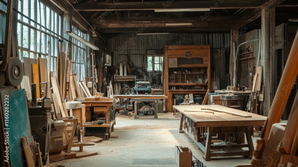 An expansive woodworking workshop with handcrafted furniture and tools, Woodworker's haven amidst sawdust and woodworking machinery, Rustic craftsmanship style An expansive woodworking workshop with handcrafted furniture and tools, Woodworker's haven amidst sawdust and woodworking machinery, Rustic craftsmanship style