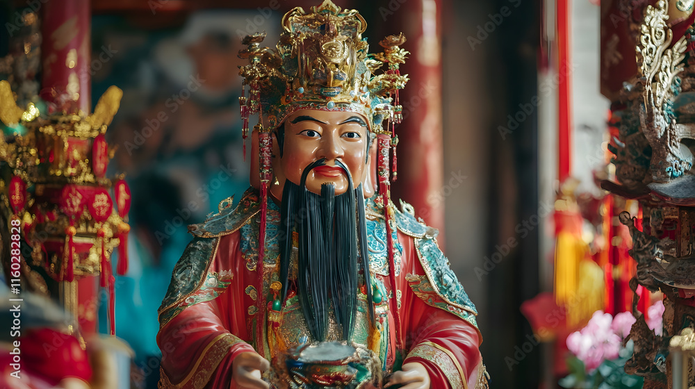 Close-Up of Ornate Chinese Deity Statue in Detailed Religious Setting : Generative AI Close-Up of Ornate Chinese Deity Statue in Detailed Religious Setting : Generative AI
