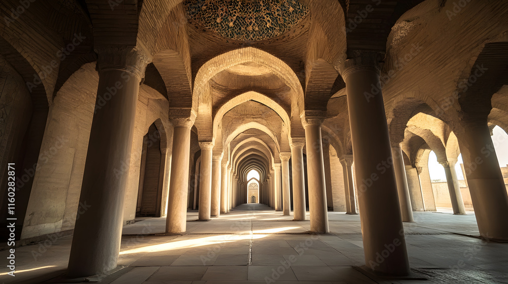 Ancient Mosque Interior with Sunlight Casting Through Arched Pathway : Generative AI Ancient Mosque Interior with Sunlight Casting Through Arched Pathway : Generative AI