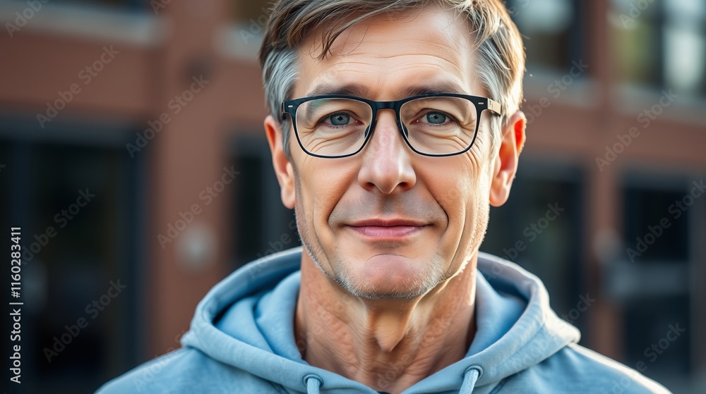 Portrait of a Mature Man in a Grey Hoodie and Glasses Against an Urban Background Portrait of a Mature Man in a Grey Hoodie and Glasses Against an Urban Background