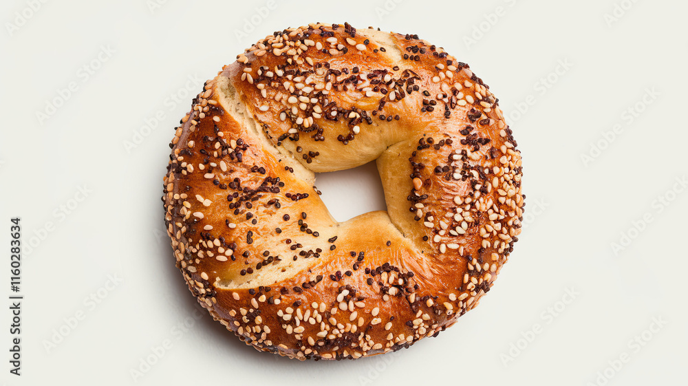 A photo of a freshly baked bagel with golden brown crust and a variety of seeds like sesame and poppy, positioned against a white background, highlighting its vibrant color, texture, A photo of a freshly baked bagel with golden brown crust and a variety of seeds like sesame and poppy, positioned against a white background, highlighting its vibrant color, texture,
