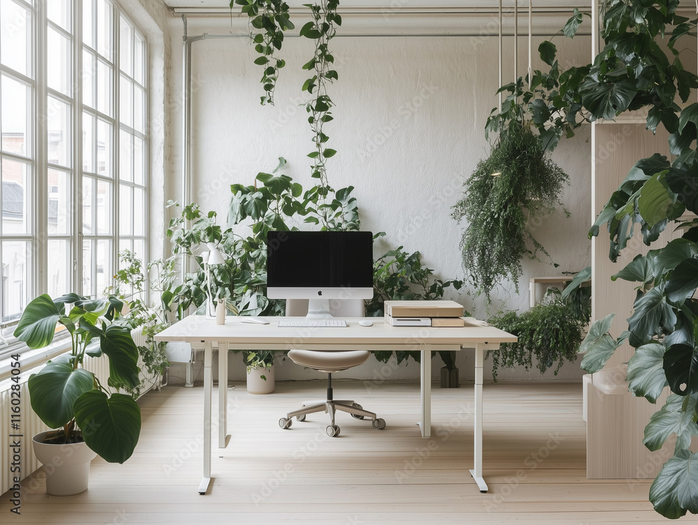 Fototapeta premium The backdrop is an inspiring minimalist Scandinavian office design featuring ample natural light, contemporary furnishings and lush greenery for a serene workspace.